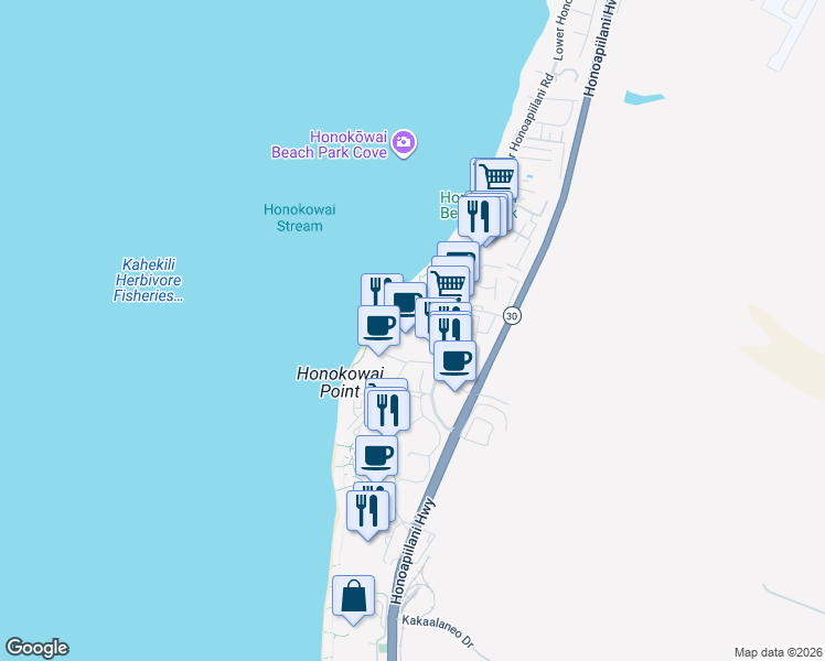 map of restaurants, bars, coffee shops, grocery stores, and more near 3543 Lower Honoapiilani Road in Lahaina