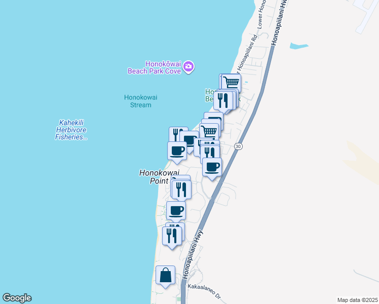 map of restaurants, bars, coffee shops, grocery stores, and more near 3445 Lower Honoapiilani Road in Lahaina