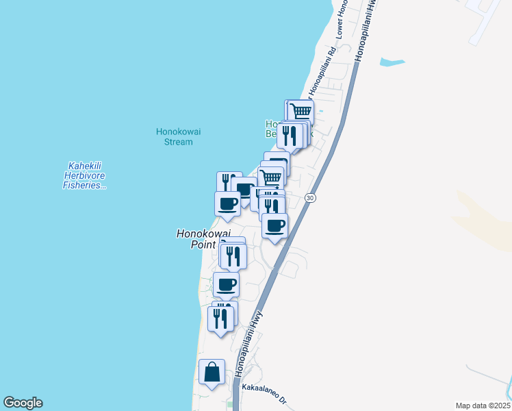 map of restaurants, bars, coffee shops, grocery stores, and more near 3445 Lower Honoapiilani Road in Lahaina