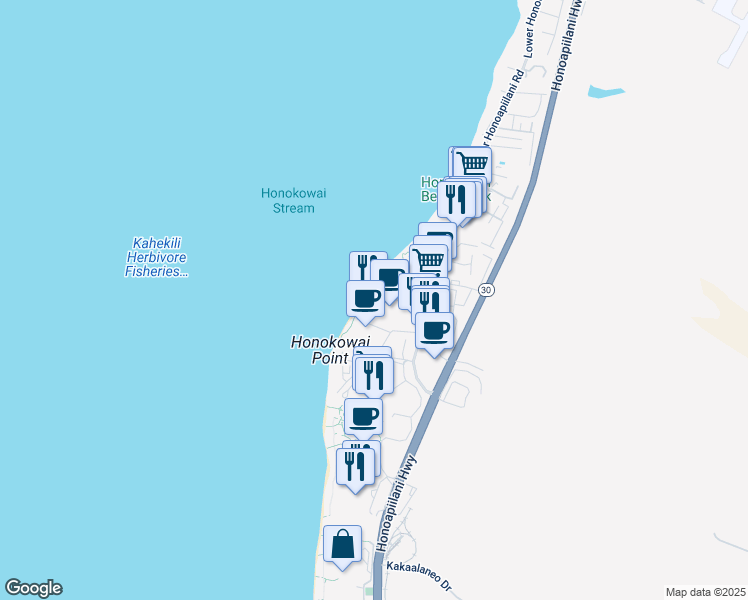 map of restaurants, bars, coffee shops, grocery stores, and more near 3445 Lower Honoapiilani Road in Lahaina