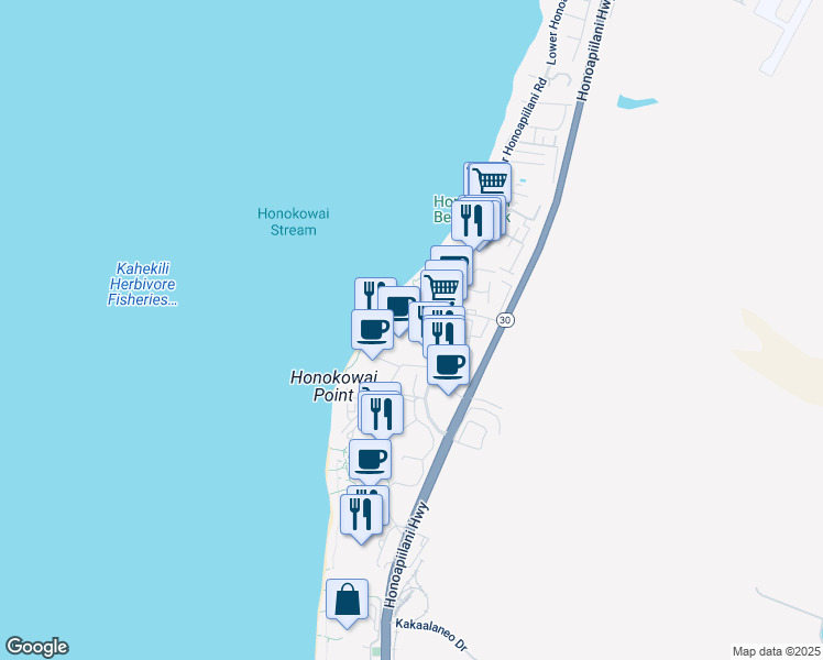 map of restaurants, bars, coffee shops, grocery stores, and more near 3445 Lower Honoapiilani Road in Lahaina