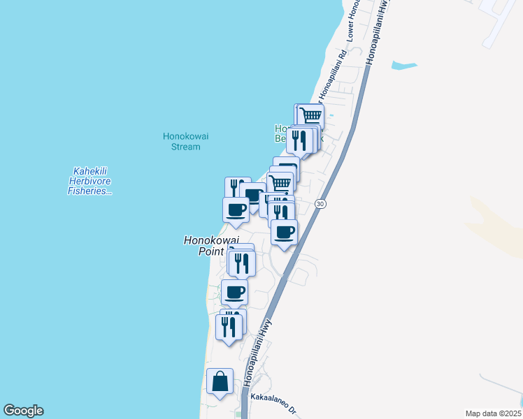 map of restaurants, bars, coffee shops, grocery stores, and more near 3445 Lower Honoapiilani Road in Lahaina