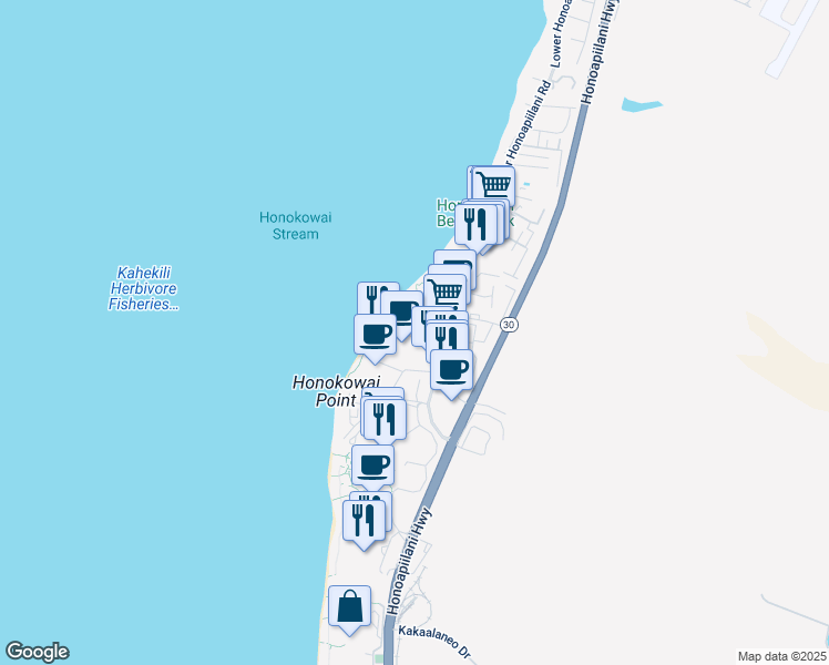 map of restaurants, bars, coffee shops, grocery stores, and more near 3445 Lower Honoapiilani Road in Lahaina