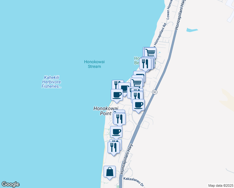 map of restaurants, bars, coffee shops, grocery stores, and more near 3445 Lower Honoapiilani Road in Lahaina