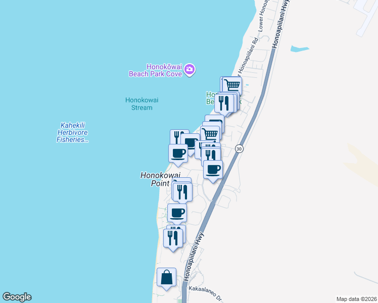 map of restaurants, bars, coffee shops, grocery stores, and more near 3445 Lower Honoapiilani Road in Lahaina