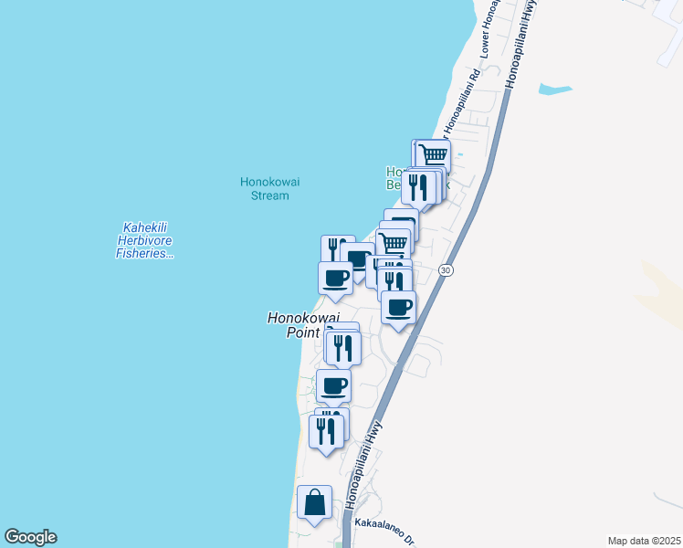 map of restaurants, bars, coffee shops, grocery stores, and more near 3445 Lower Honoapiilani Road in Lahaina
