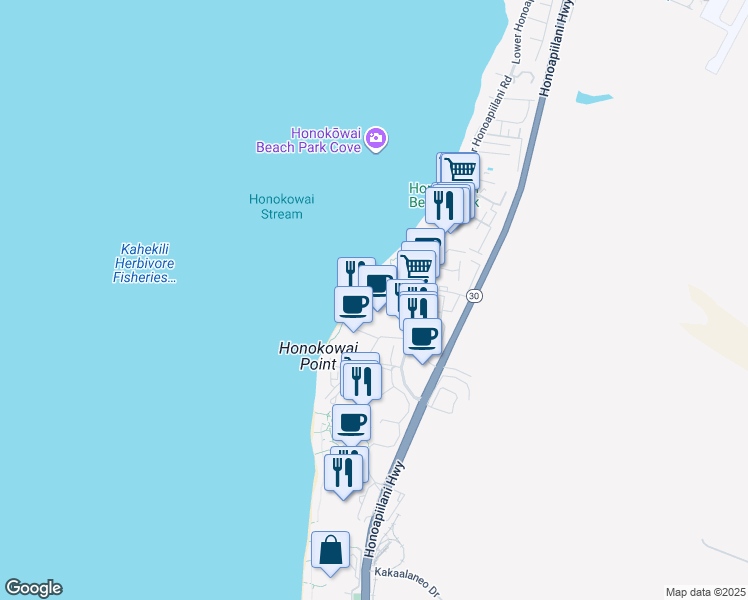 map of restaurants, bars, coffee shops, grocery stores, and more near 3445 Lower Honoapiilani Road in Lahaina