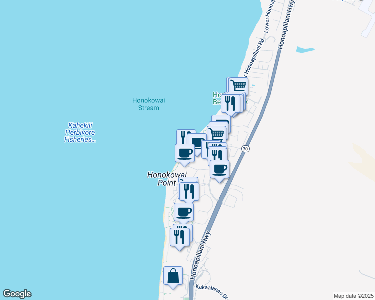map of restaurants, bars, coffee shops, grocery stores, and more near 3445 Lower Honoapiilani Road in Lahaina