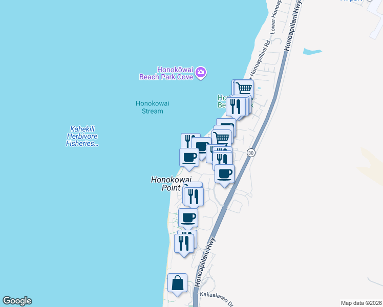 map of restaurants, bars, coffee shops, grocery stores, and more near 3445 Lower Honoapiilani Road in Lahaina