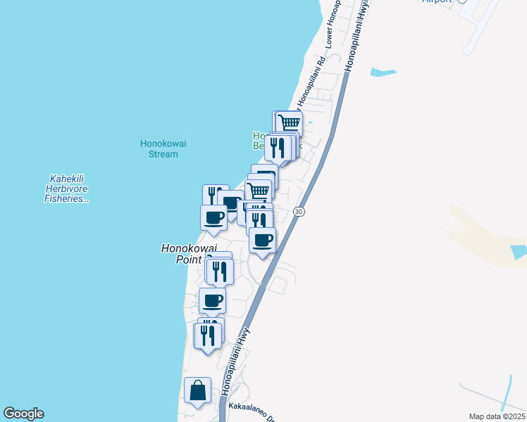 map of restaurants, bars, coffee shops, grocery stores, and more near 3487 Lower Honoapiilani Road in Lahaina