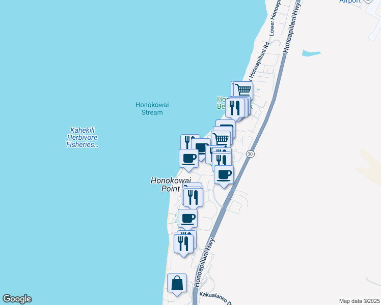 map of restaurants, bars, coffee shops, grocery stores, and more near 3445 Lower Honoapiilani Road in Lahaina