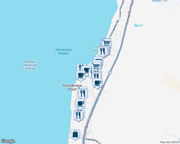 map of restaurants, bars, coffee shops, grocery stores, and more near 3543 Lower Honoapiilani Road in Lahaina