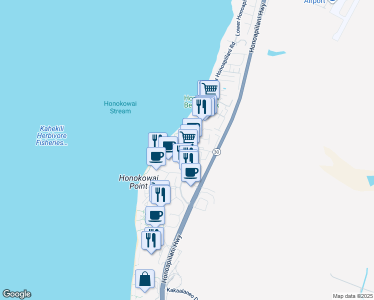 map of restaurants, bars, coffee shops, grocery stores, and more near 3487 Lower Honoapiilani Road in Lahaina