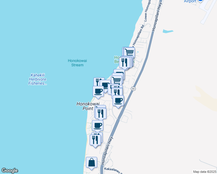 map of restaurants, bars, coffee shops, grocery stores, and more near 3543 Lower Honoapiilani Road in Lahaina