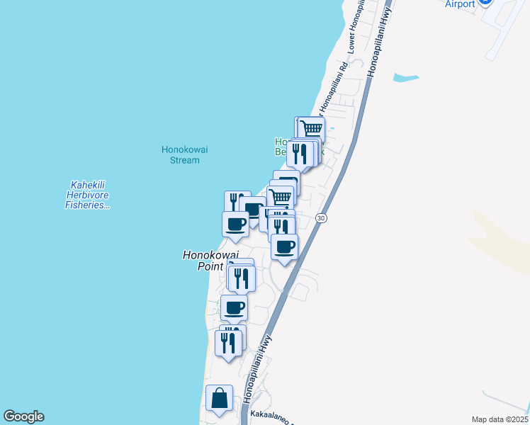 map of restaurants, bars, coffee shops, grocery stores, and more near 3543 Lower Honoapiilani Road in Lahaina