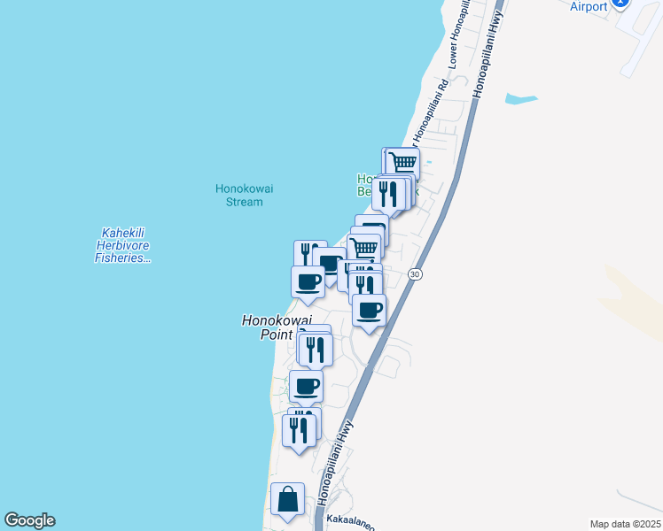 map of restaurants, bars, coffee shops, grocery stores, and more near 3543 Lower Honoapiilani Road in Lahaina