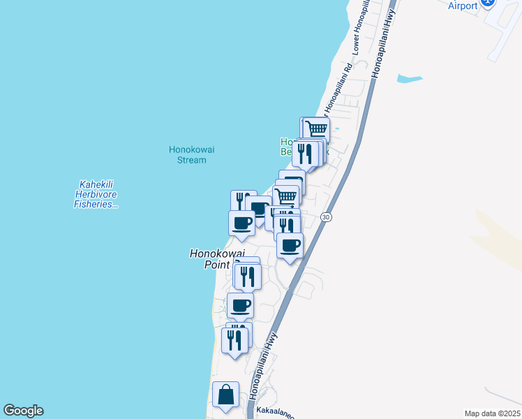 map of restaurants, bars, coffee shops, grocery stores, and more near 3543 Lower Honoapiilani Road in Lahaina