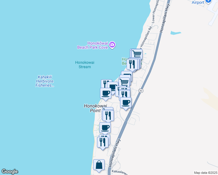 map of restaurants, bars, coffee shops, grocery stores, and more near 3543 Lower Honoapiilani Road in Lahaina