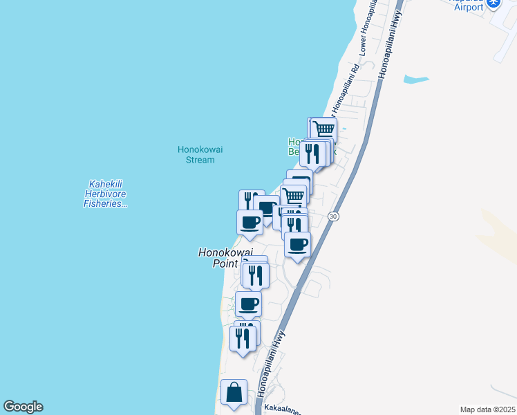 map of restaurants, bars, coffee shops, grocery stores, and more near 3543 Lower Honoapiilani Road in Lahaina