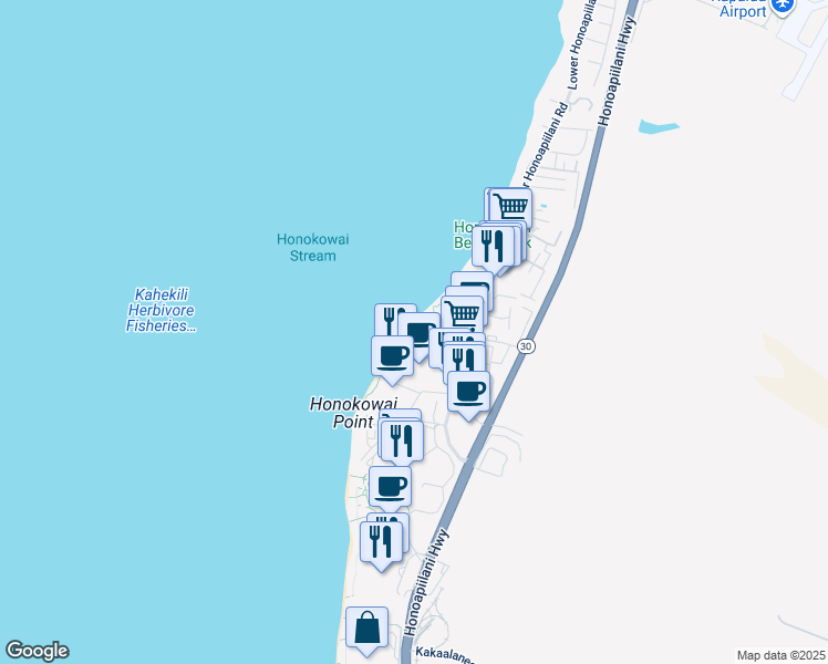 map of restaurants, bars, coffee shops, grocery stores, and more near 3543 Lower Honoapiilani Road in Lahaina