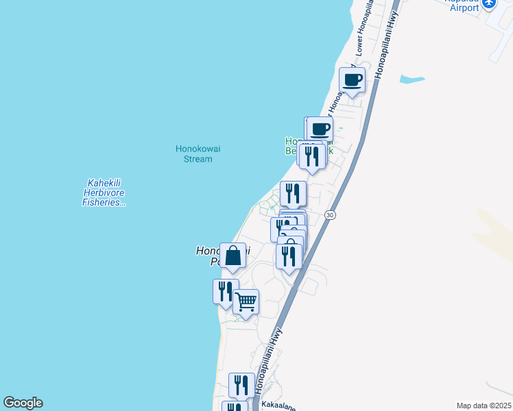 map of restaurants, bars, coffee shops, grocery stores, and more near 3543 Lower Honoapiilani Road in Lahaina