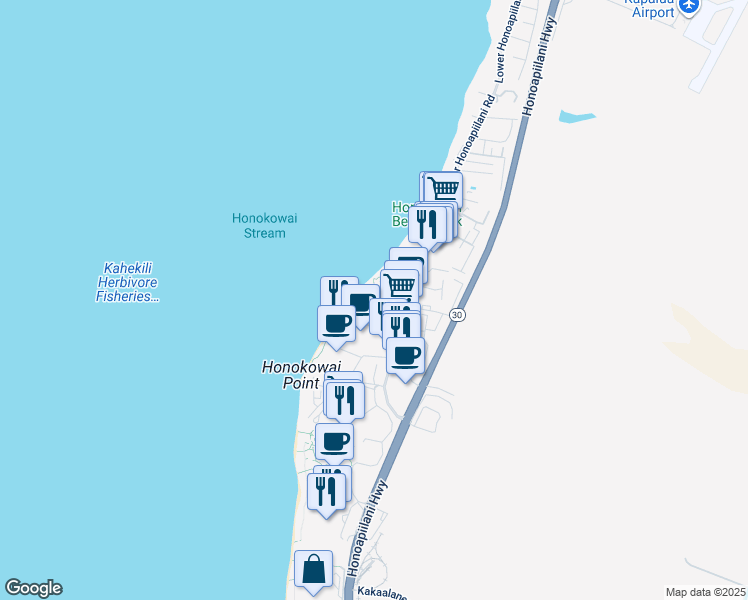 map of restaurants, bars, coffee shops, grocery stores, and more near 3543 Lower Honoapiilani Road in Lahaina