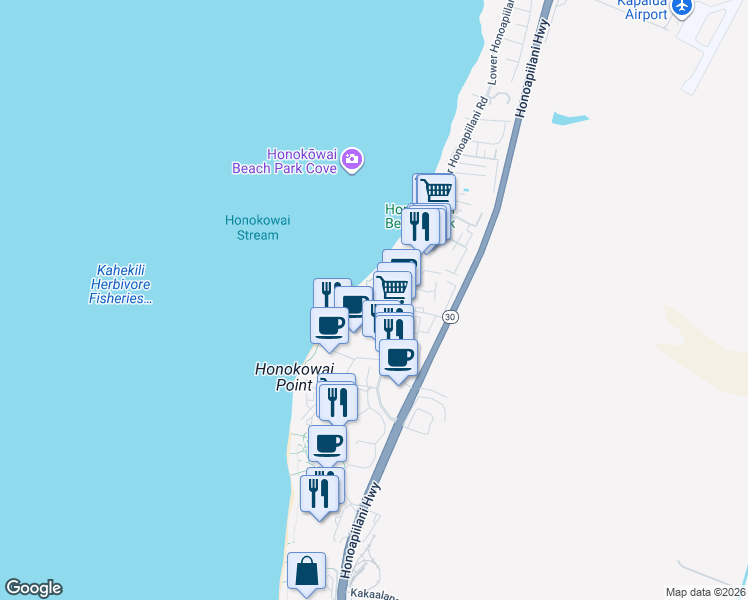 map of restaurants, bars, coffee shops, grocery stores, and more near 3543 Lower Honoapiilani Road in Lahaina