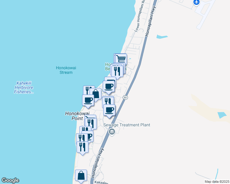 map of restaurants, bars, coffee shops, grocery stores, and more near 3530 Lower Honoapiilani Road in Lahaina