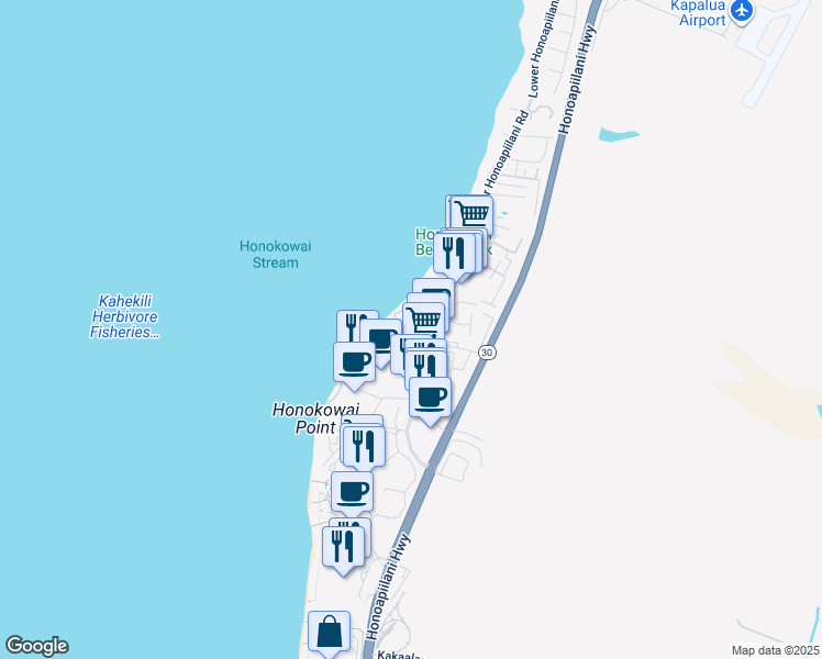 map of restaurants, bars, coffee shops, grocery stores, and more near 3543 Lower Honoapiilani Road in Lahaina