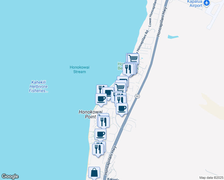 map of restaurants, bars, coffee shops, grocery stores, and more near 3543 Lower Honoapiilani Road in Lahaina