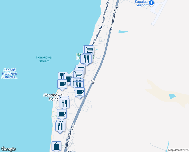 map of restaurants, bars, coffee shops, grocery stores, and more near 3543 Lower Honoapiilani Road in Lahaina