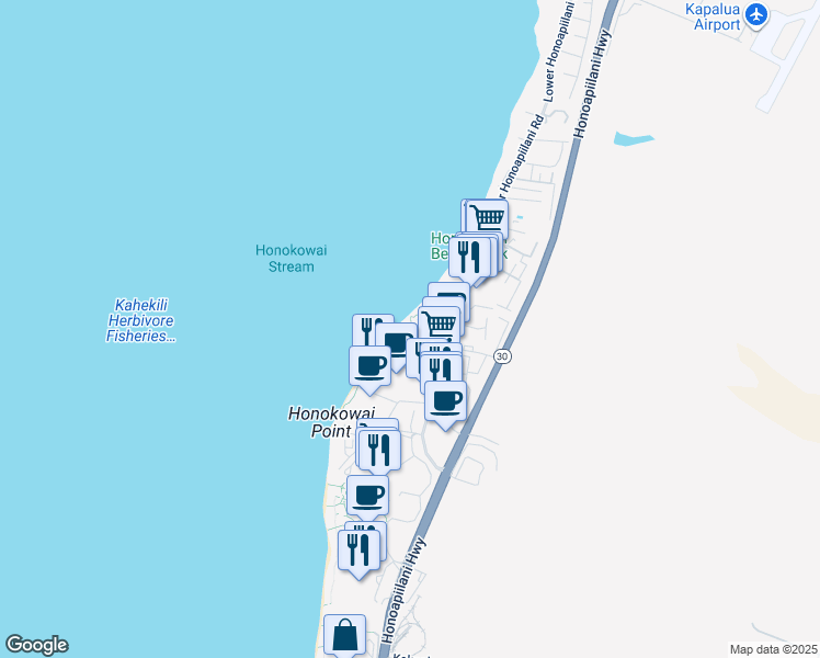 map of restaurants, bars, coffee shops, grocery stores, and more near 3543 Lower Honoapiilani Road in Lahaina
