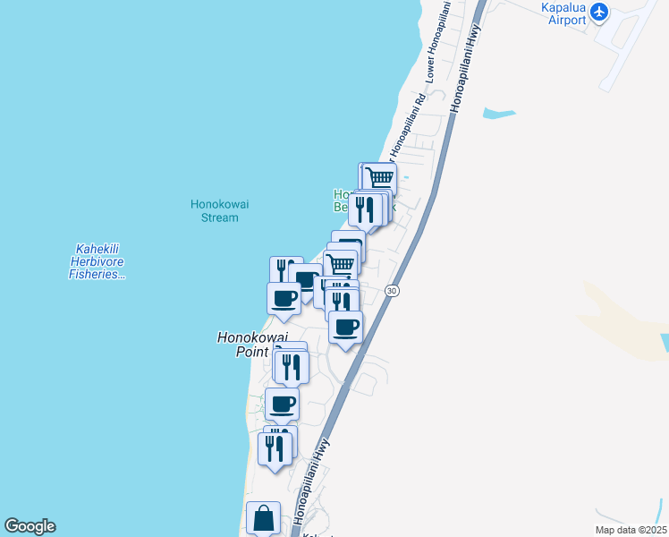 map of restaurants, bars, coffee shops, grocery stores, and more near 3543 Lower Honoapiilani Road in Lahaina