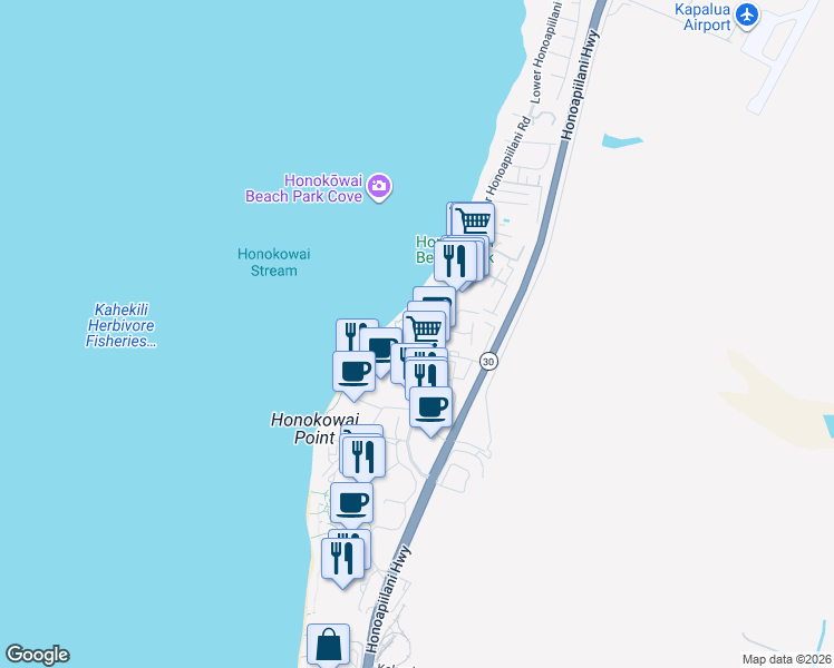 map of restaurants, bars, coffee shops, grocery stores, and more near Unnamed Road in Lahaina