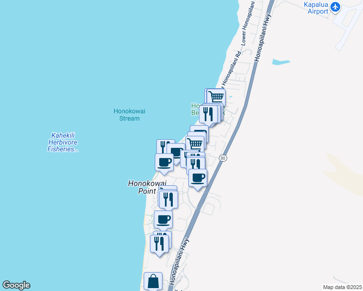 map of restaurants, bars, coffee shops, grocery stores, and more near 3543 Lower Honoapiilani Road in Lahaina