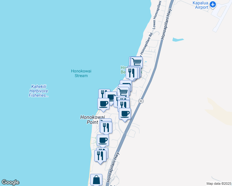 map of restaurants, bars, coffee shops, grocery stores, and more near 3543 Lower Honoapiilani Road in Lahaina