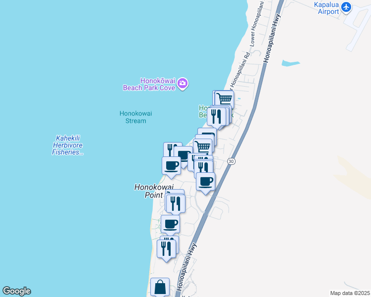 map of restaurants, bars, coffee shops, grocery stores, and more near 3543 Lower Honoapiilani Road in Lahaina