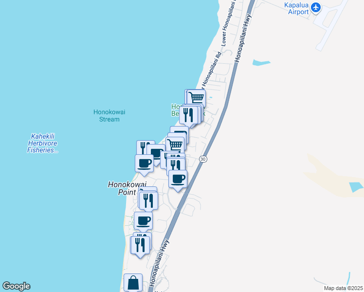 map of restaurants, bars, coffee shops, grocery stores, and more near 3543 Lower Honoapiilani Road in Lahaina
