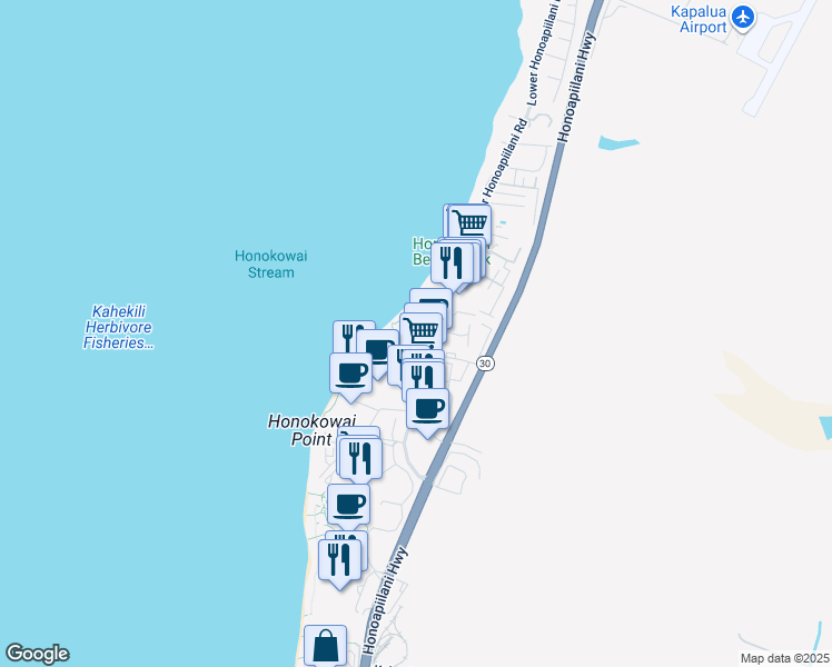 map of restaurants, bars, coffee shops, grocery stores, and more near 3543 Lower Honoapiilani Road in Lahaina
