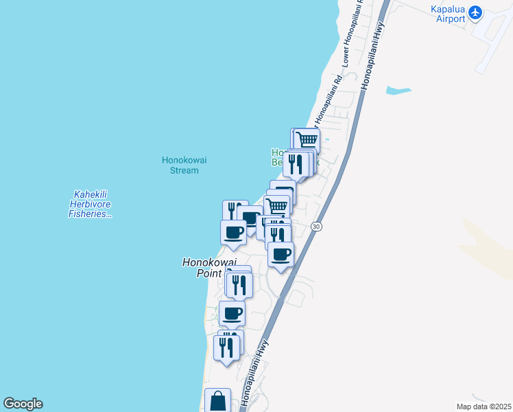 map of restaurants, bars, coffee shops, grocery stores, and more near 3543 Lower Honoapiilani Road in Lahaina