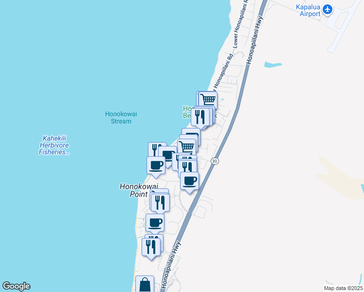 map of restaurants, bars, coffee shops, grocery stores, and more near 3543 Lower Honoapiilani Road in Lahaina