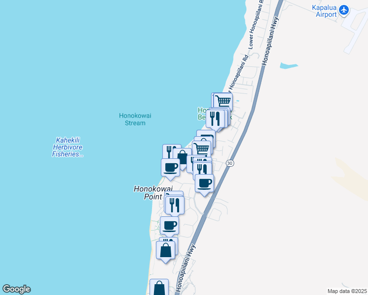 map of restaurants, bars, coffee shops, grocery stores, and more near 3543 Lower Honoapiilani Road in Lahaina