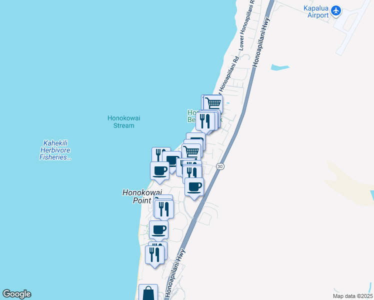 map of restaurants, bars, coffee shops, grocery stores, and more near 3543 Lower Honoapiilani Road in Lahaina
