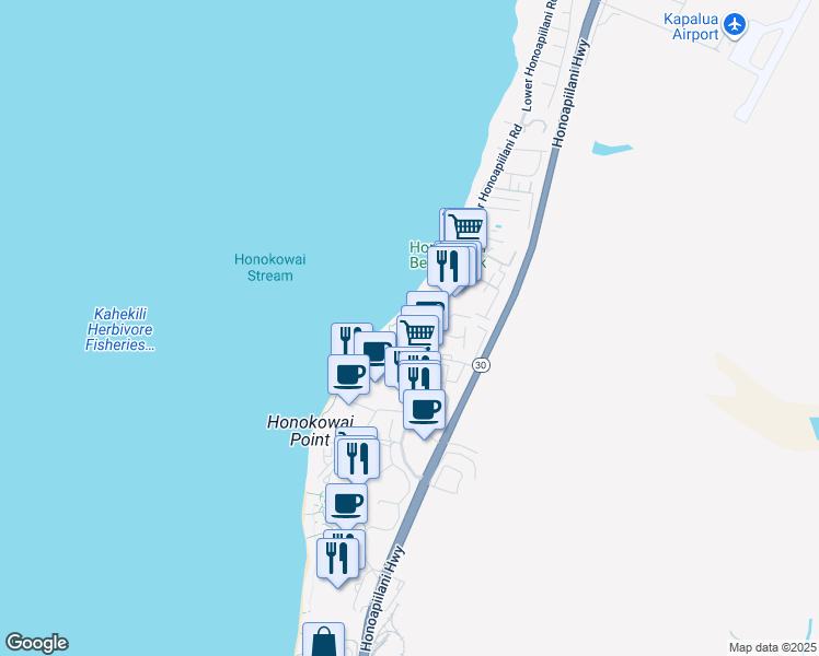 map of restaurants, bars, coffee shops, grocery stores, and more near 3543 Lower Honoapiilani Road in Lahaina
