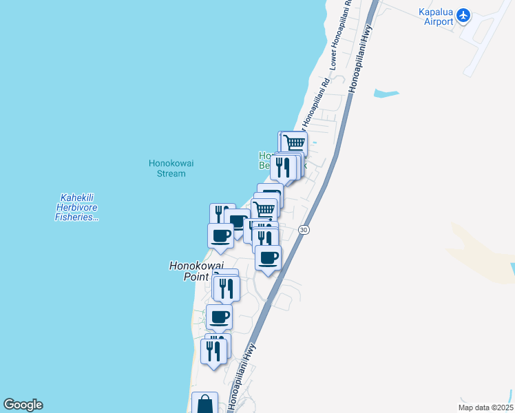 map of restaurants, bars, coffee shops, grocery stores, and more near 3543 Lower Honoapiilani Road in Lahaina