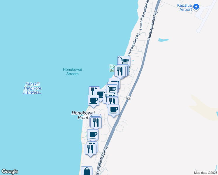 map of restaurants, bars, coffee shops, grocery stores, and more near 3543 Lower Honoapiilani Road in Lahaina