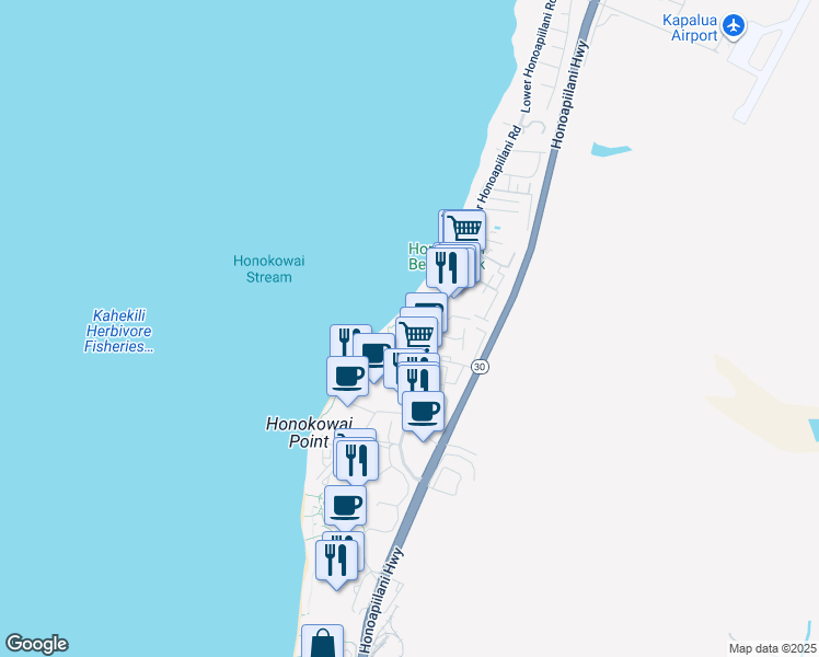map of restaurants, bars, coffee shops, grocery stores, and more near 3543 Lower Honoapiilani Road in Lahaina
