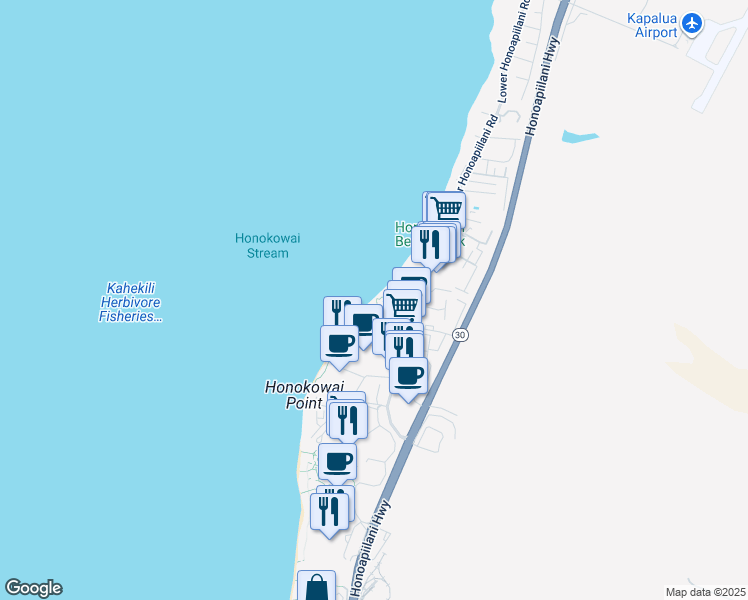 map of restaurants, bars, coffee shops, grocery stores, and more near 3543 Lower Honoapiilani Road in Lahaina