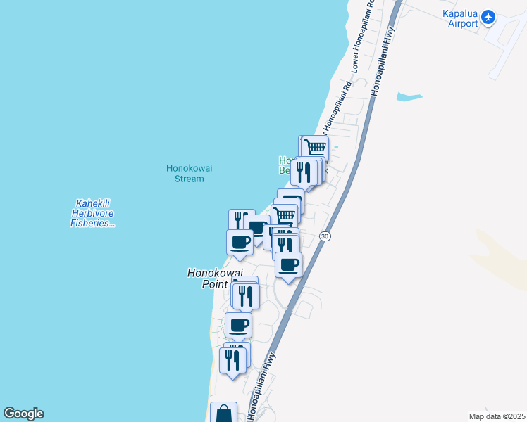 map of restaurants, bars, coffee shops, grocery stores, and more near 3543 Lower Honoapiilani Road in Lahaina