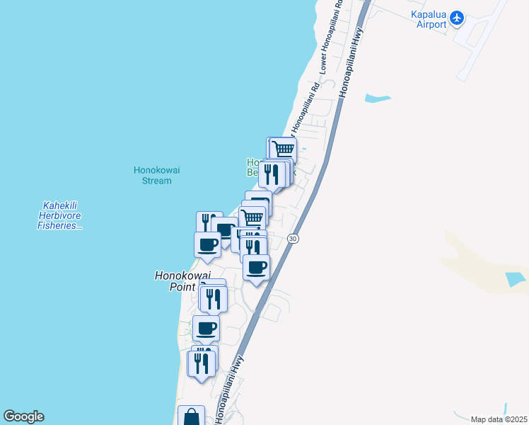map of restaurants, bars, coffee shops, grocery stores, and more near 3543 Lower Honoapiilani Road in Lahaina
